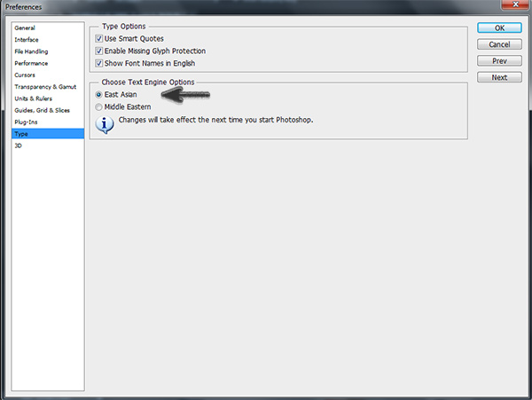Change Text Engine Options to East Asian in Photoshop