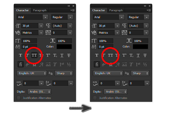 The Caps Option in the Character Panel of Photoshop