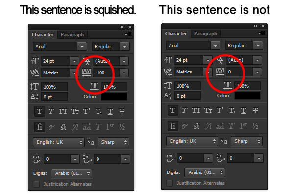 Set the Kern or Tracking in the Character Panel in Photoshop