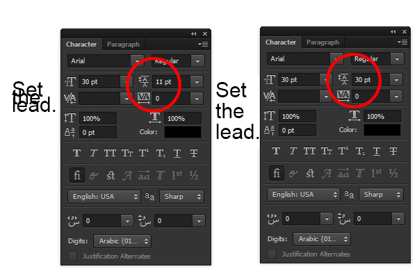 Set the Leading in the Character Panel of Photoshop