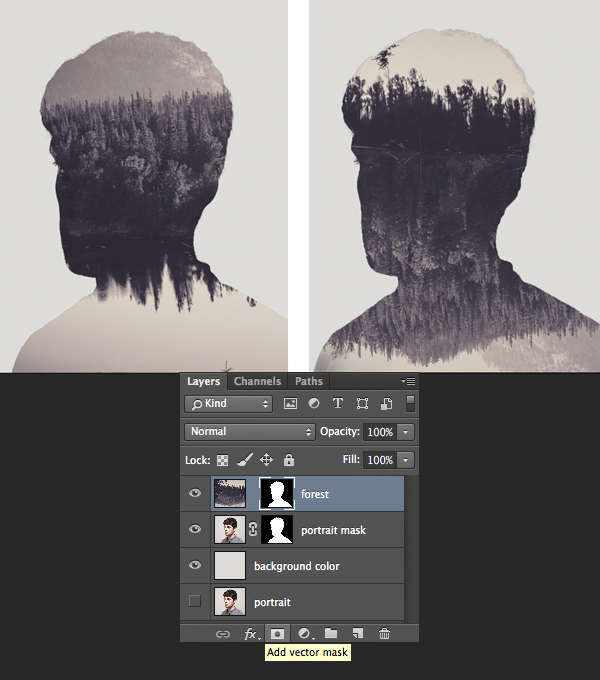 use Add vector mask and rotate the forest image