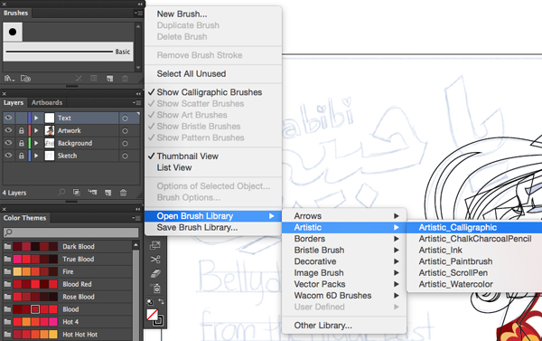 Open Window  Brushes In Brushes panel submenu Open Brush Library  Artistic  Artistic_Calligraphic adobe illustrator
