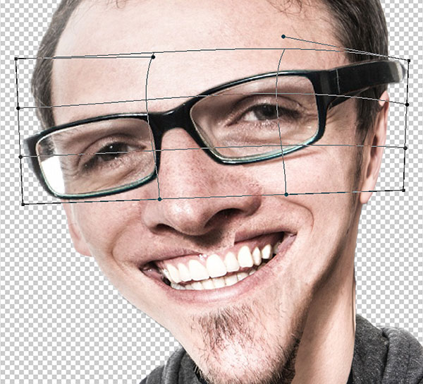 Size up the glasses and use warp to fit them to the face