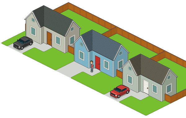 neighborhood with rounded corners on lawns