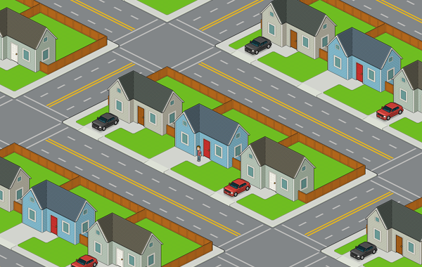 Completed neighborhood drawing in isometric pixel art