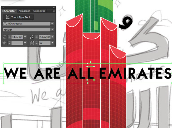 touch type Tool Dafont Nova Arabic English Font Size Window transparency Arrange Bring to Front Command Shift Linear angle Stroke Gradient Blending Mode Stroke Color copy paste front back Duplicate Rectangle Selection UAE National Day Poster Sketch Burj Khalifa Sketch Layer