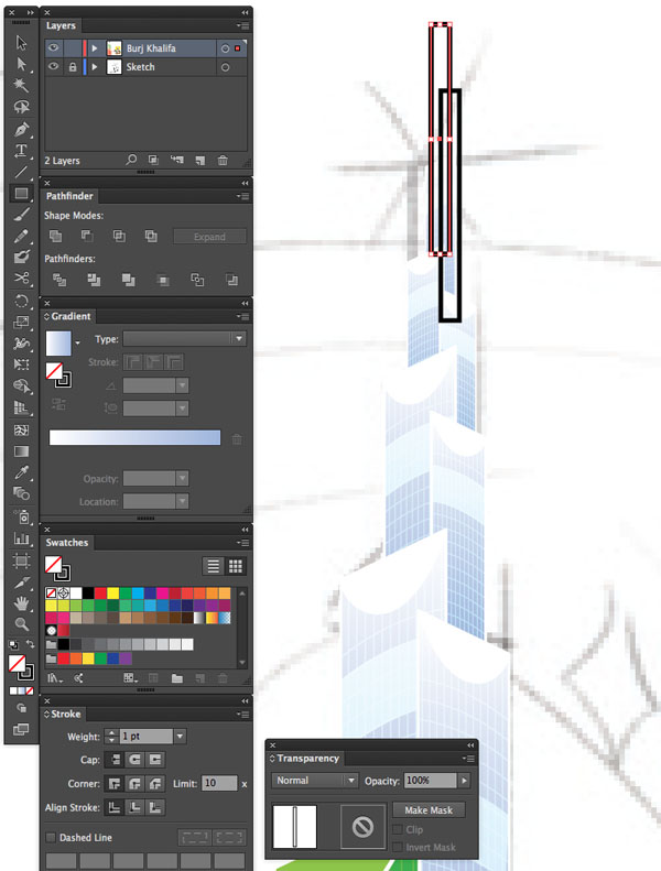 File Save Rectangle tool File Color Group Window transparency Arrange Bring to Front Command Shift Linear angle Stroke Gradient Blending Mode Stroke Color copy paste front back Duplicate Rectangle Selection UAE National Day Poster Sketch Burj Khalifa Sketch Layer