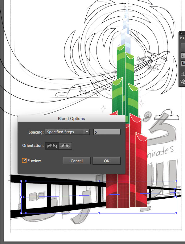 Rectangle Tool Blend Make Command Option Window transparency Arrange Bring to Front Command Shift Linear angle Stroke Gradient Blending Mode Stroke Color copy paste front back Duplicate Rectangle Selection UAE National Day Poster Sketch Burj Khalifa Sketch Layer