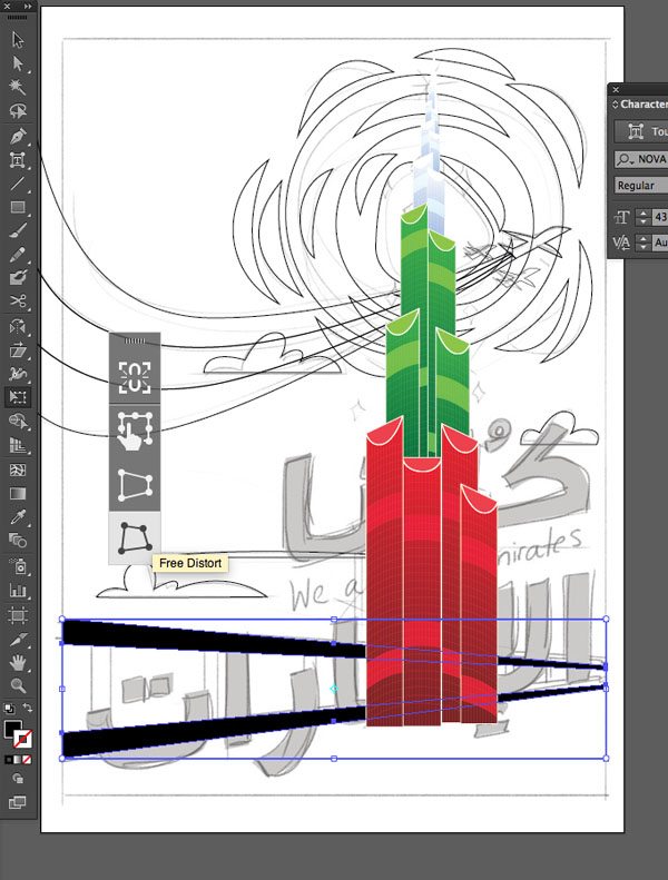 Rectangle Tool E Vertical Distort Results Pen Window transparency Arrange Bring to Front Command Shift Linear angle Stroke Gradient Blending Mode Stroke Color copy paste front back Duplicate Rectangle Selection UAE National Day Poster Sketch Burj Khalifa Sketch Layer