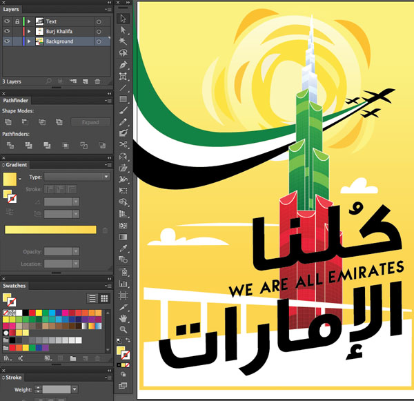 Window transparency Arrange Bring to Front Command Shift Linear angle Stroke Gradient Blending Mode Stroke Color copy paste front back Duplicate Rectangle Selection UAE National Day Poster Sketch Burj Khalifa Sketch Layer colro Flag palette shapes form