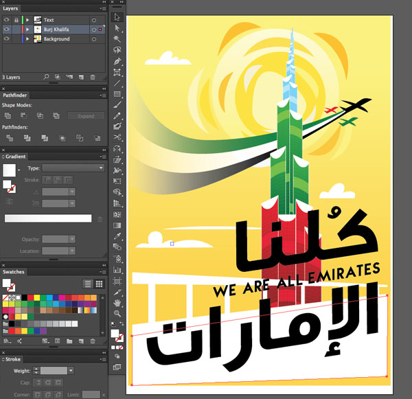 Swatch color palette feel Design illustration sky blue tone Window transparency Arrange Bring to Front Command Shift Linear angle Stroke Gradient Blending Mode Stroke Color copy paste front back Duplicate Rectangle Selection UAE National Day Poster Sketch Burj Khalifa Sketch Layer