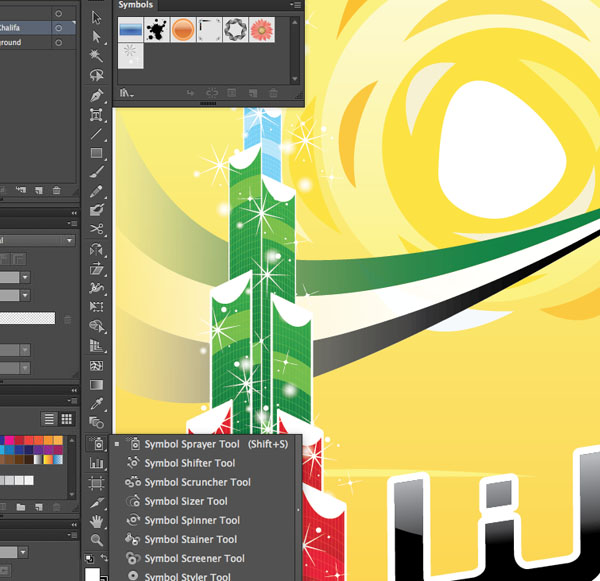 Symbol Sprayer Tool shift S Disperse Window transparency Arrange Bring to Front Command Shift Linear angle Stroke Gradient Blending Mode Stroke Color copy paste front back Duplicate Rectangle Selection UAE National Day Poster Sketch Burj Khalifa Sketch Layer