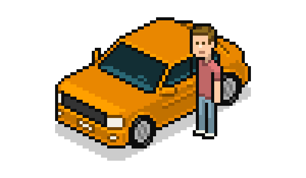 Isometric pixel art car with character next to it