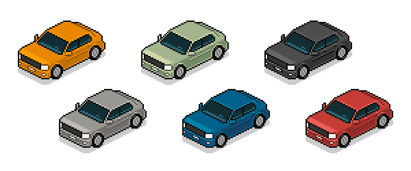 Finished isometric pixel art car in 6 different colors