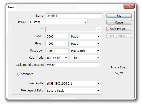 photoshop size settings