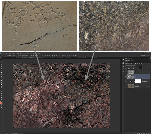 Use photographs and custom brushes to create a seamless planet texture