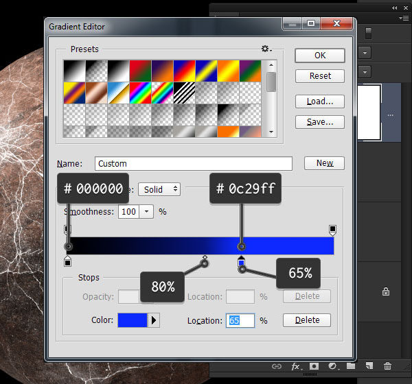 Gradient settings for the glowing cracks