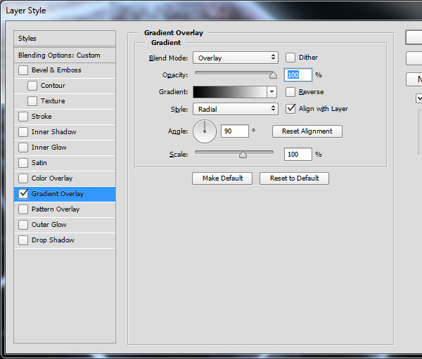 Settings for the Gradient Overlay layer style