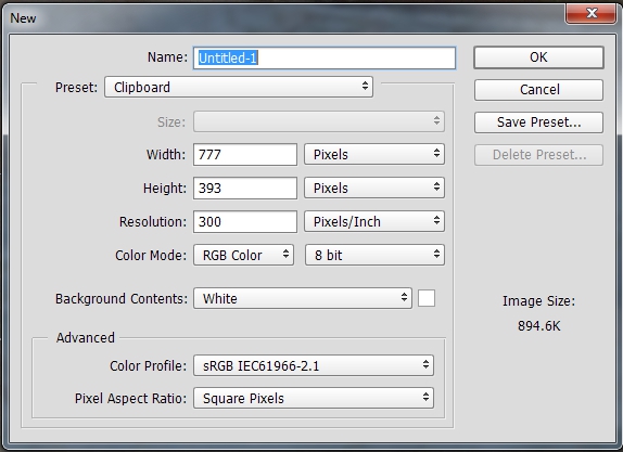 New file dialogue box autofills the correct pixel dimensions