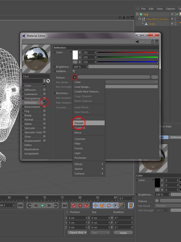 Material editor reflection setting - Fresnel texture