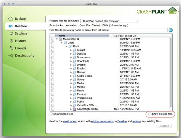 Restoring files within CrashPlan is relatively easy to do and you can also view files that have also been deleted rather than overwritten. 