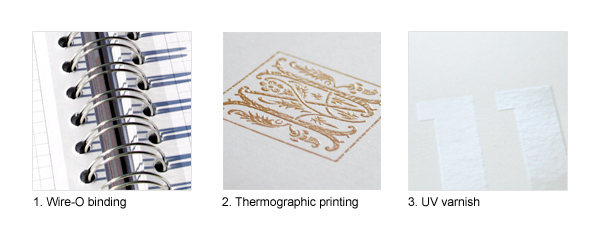 Wire-O, Thermographic and UV varnish