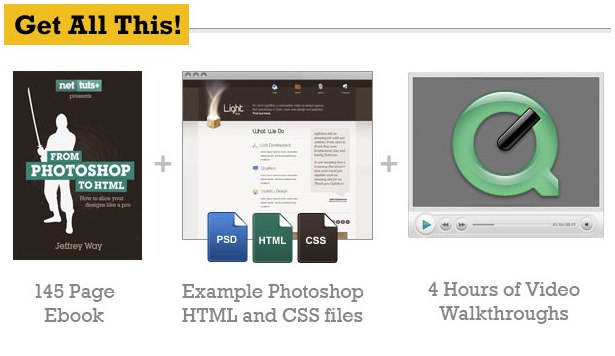 You get a 145 page eBook + Example Photoshop, HTML and CSS files + 4 hours of screencasts