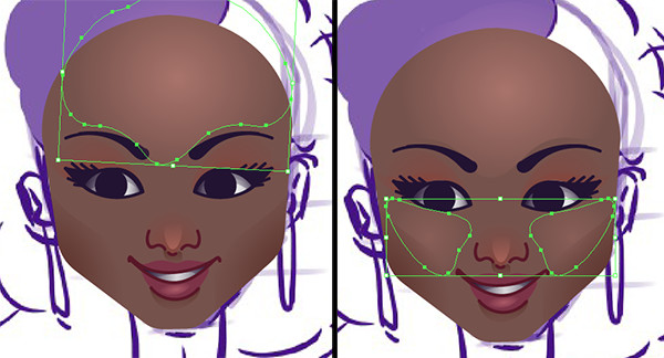 Draw highlight shapes on the forehead and cheeks