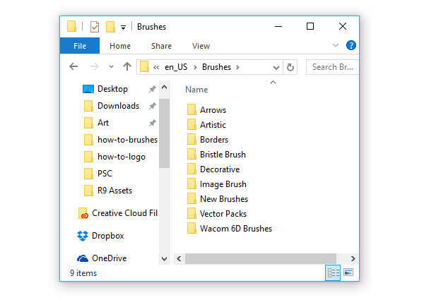 save your brushes in a folder for easy retrieval 