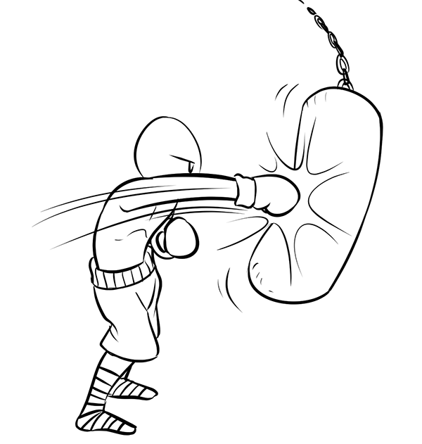 A boxer character punching a sand bag