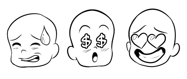 Three characters with hearts for eyes dollar signs for eyes and a large sweat drop on the forehead respectively