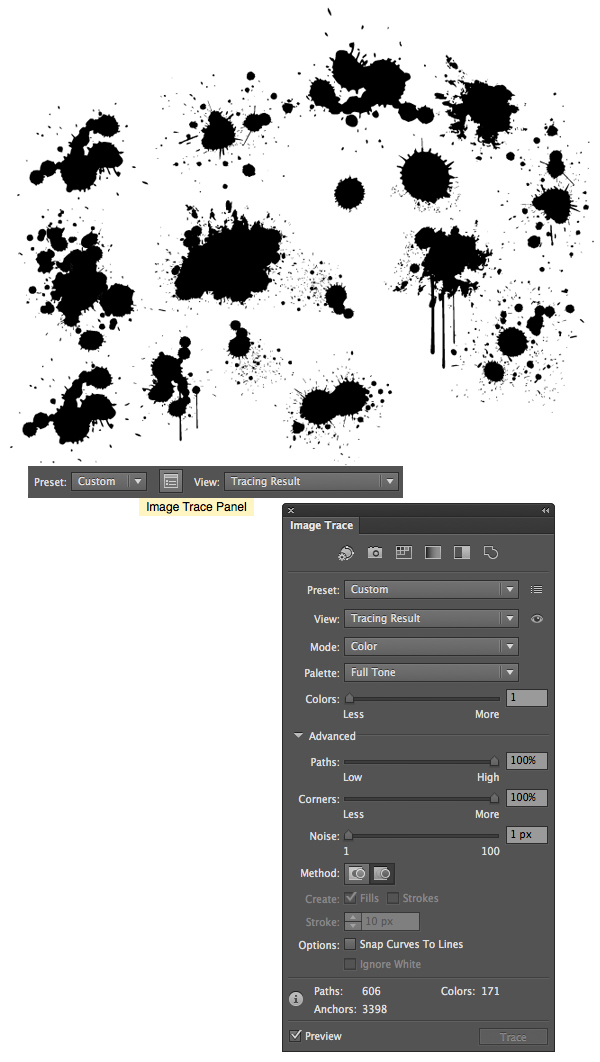 trace the splatter in adobe illustrator