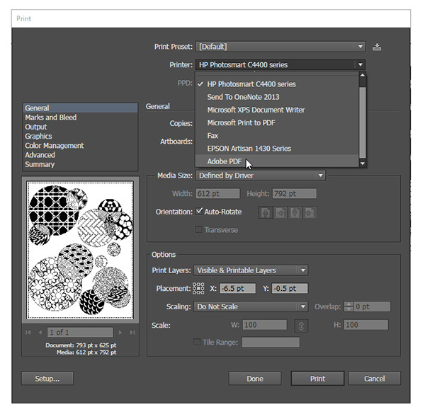 Make sure you can access Adobe PDF as an option for printing as well as saving