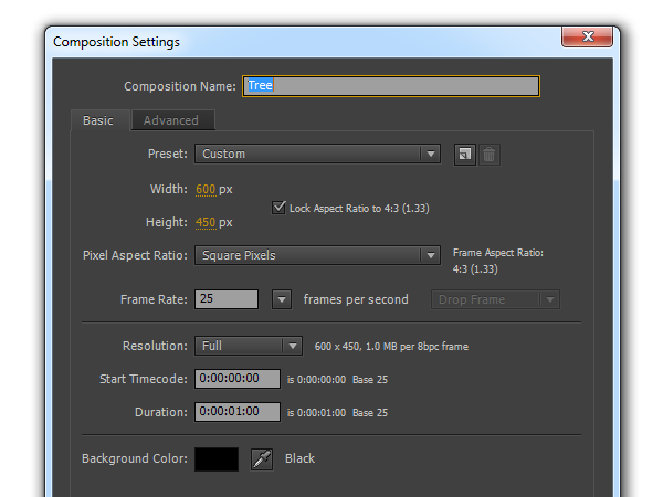 Composition settings for tree animation