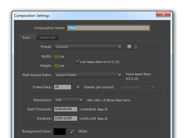 Composition settings for Final animation