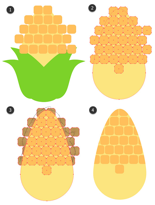 Draw rounded rectangles to form the corn kernels and use the shape builder tool to delete them from the corn cob