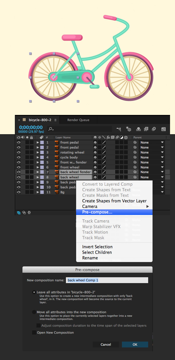 pre-compose the group of objects