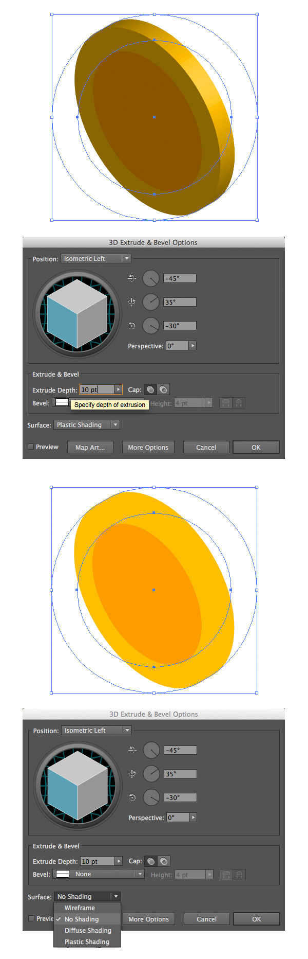 edit the settings of Extrude and Bevel