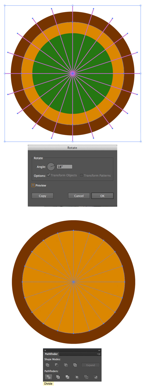 use the Divide function of the Pathfinder panel to slice the yellow circle 