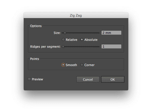 Zig Zag options Size 2 mm Absolut 1 Ridges per segment Smooth points