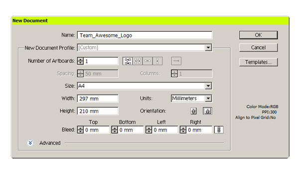 Illustrator dialog box to create a new file