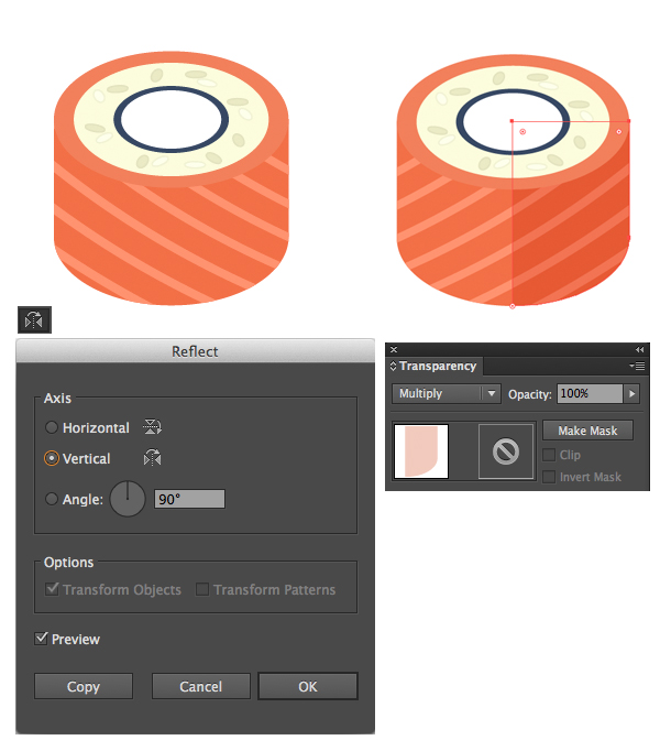 reflect the shape and create a shadow in multiply blending mode