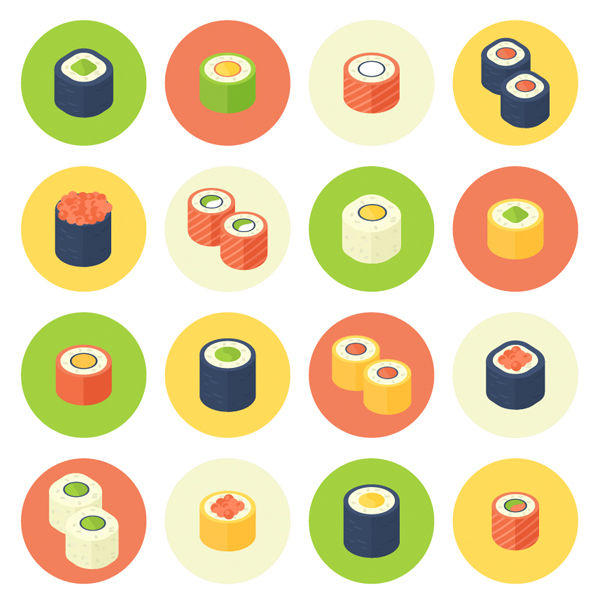 finished result with a set of rolled sushi icons set