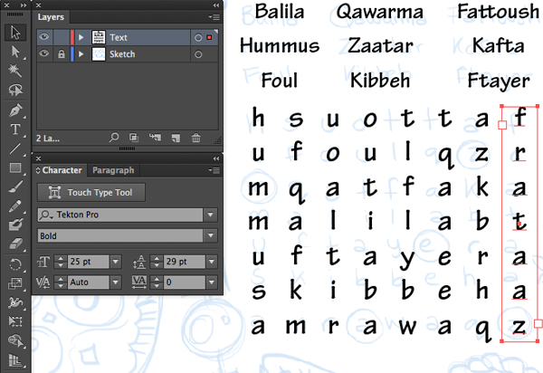 adobe illustrator leading font size  tekton pro bold hummus zaatar kafta foul ftayer kibbeh fattoush