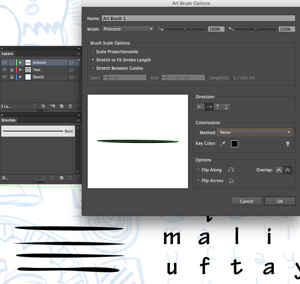 adobe illustartor create art brushes window panel options width pressure none colorization pen tool brush options