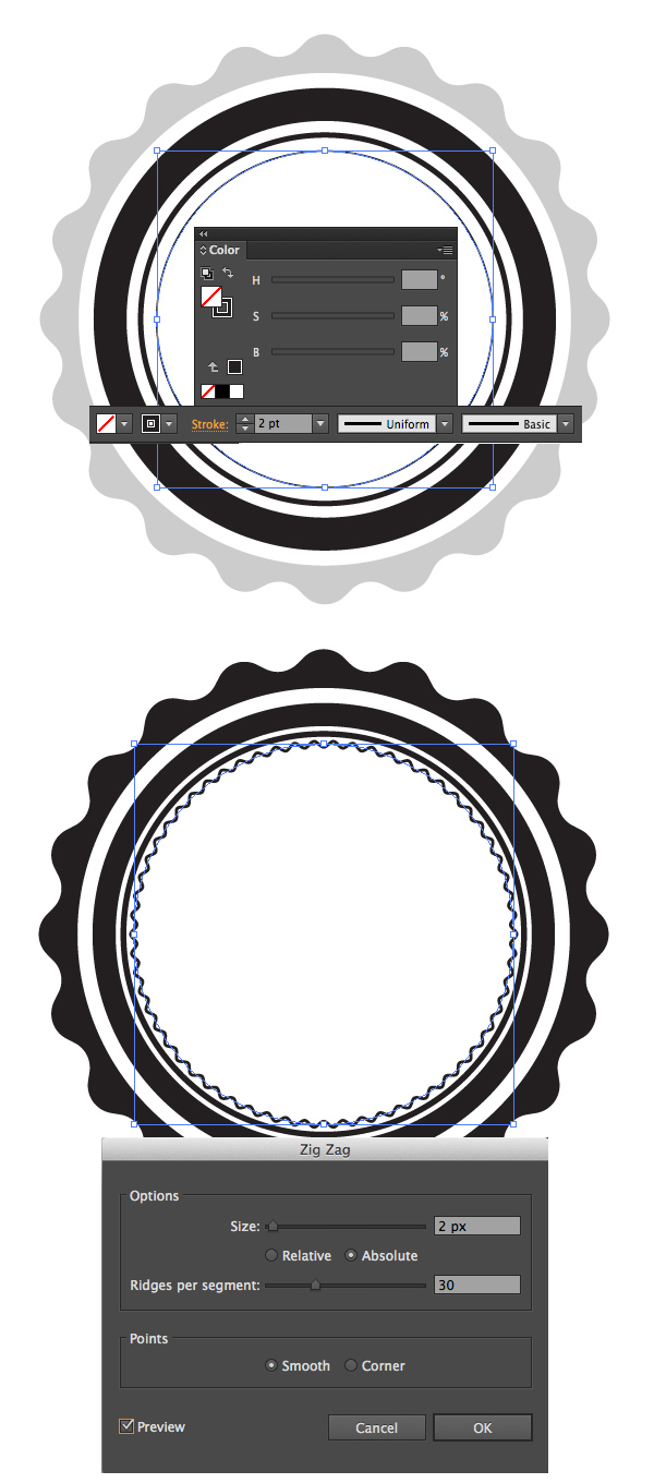 create a zig zag inside the rings