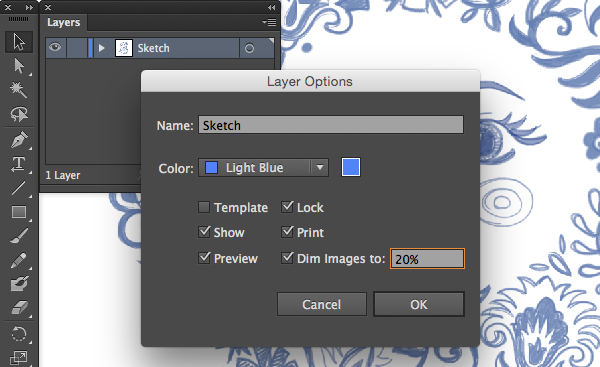 layer options panel lock dim percentage layer sketch adobe illustrator