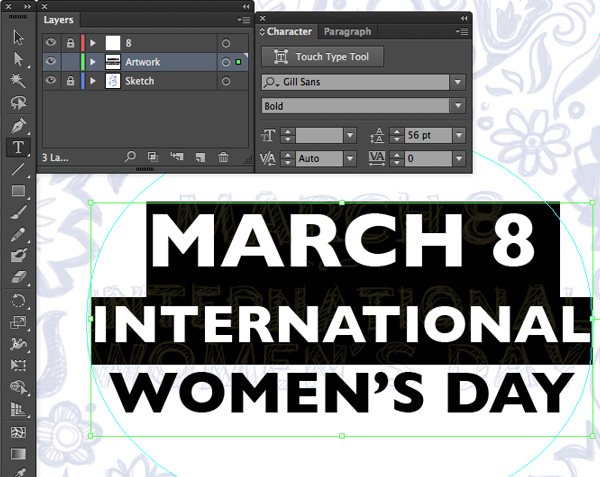 text set leading march 8 international womens day character window command T adobe illustrator