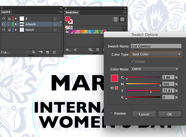 adobe illustrator create color swatch spot colors cmyk cut contour name swatch type