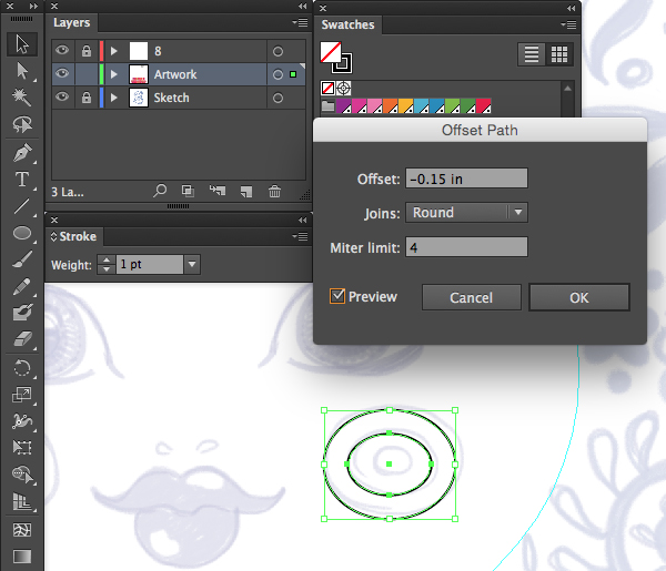 ellipse offset path inner circles round joins preview limit inches adobe illustrator